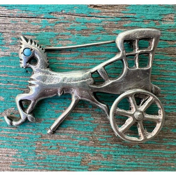 VTG Mexico Brooch Horse Buggy 2.25" Turquoise Articulated Wheel Sterling 16.3g - Picture 7 of 7